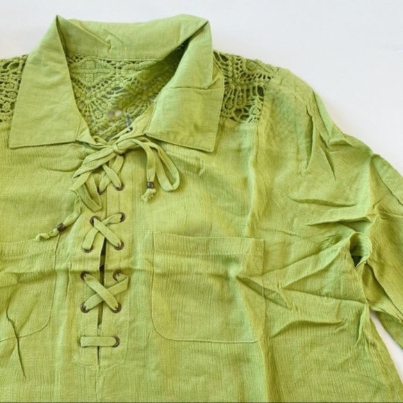 Entro | Vetiver Lace Up Crochet Back Top Lime Green New Crinkle Hi Low Medium - Picture 4 of 13